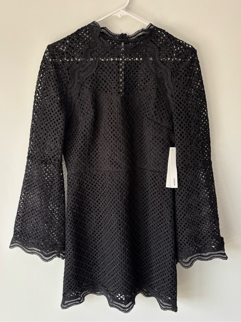 Aqua Black Crochet Lace Mini Dress Bell Sleeves Whimsigoth